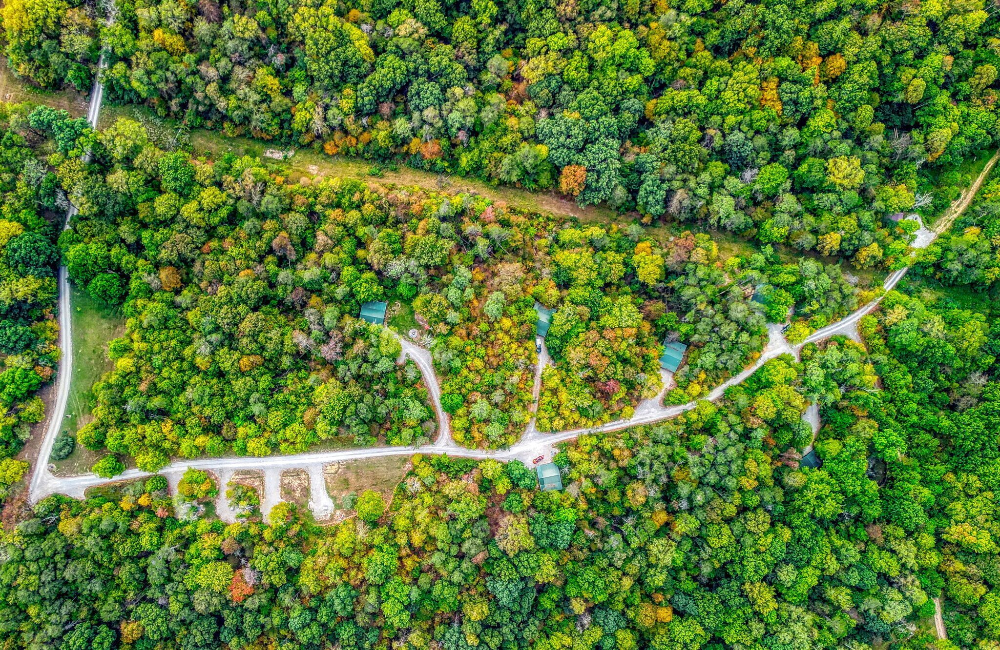 Vista aérea de una zona boscosa con caminos sinuosos y pequeños edificios.
