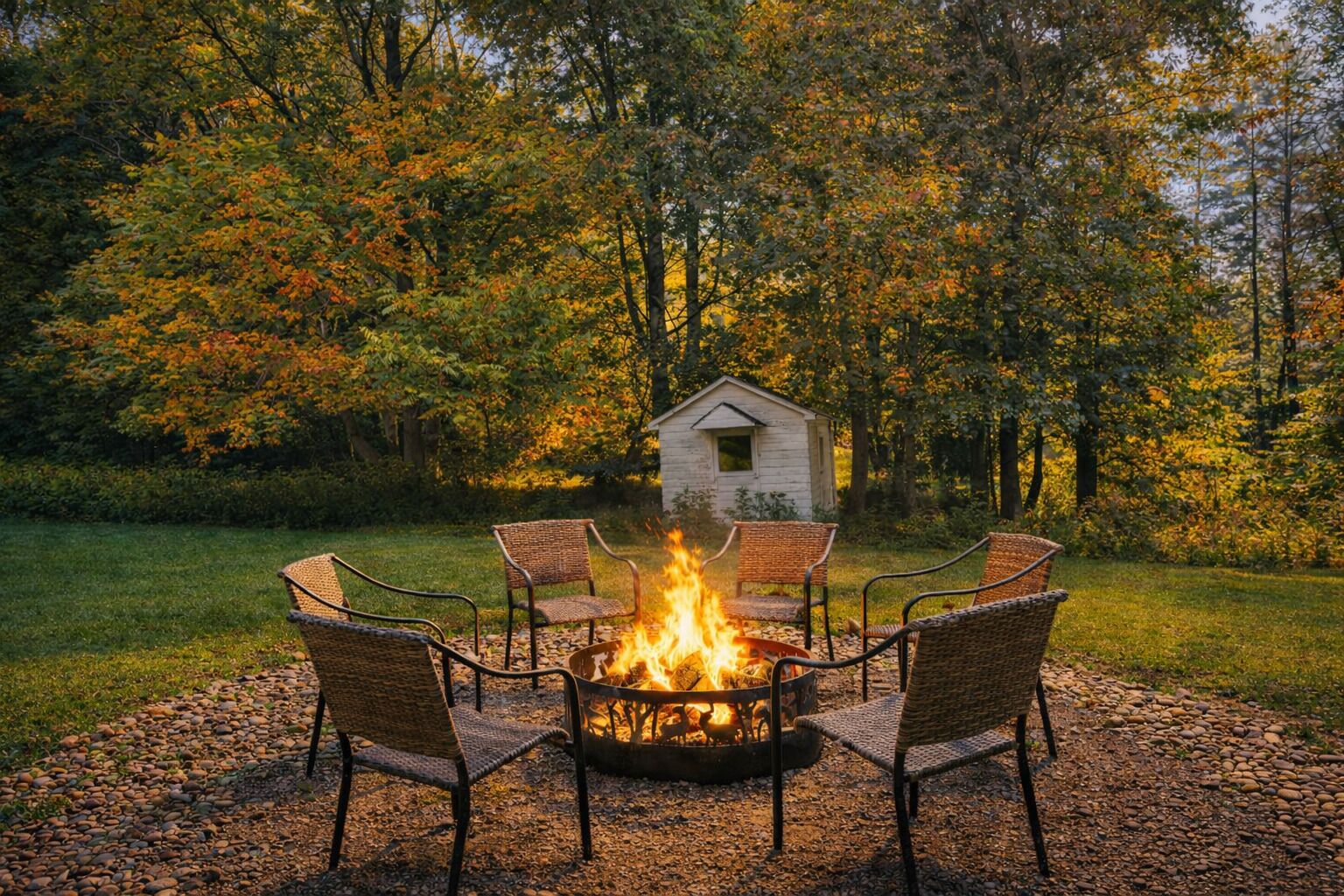 A fire pit with four chairs arranged around it, set on a gravel path with a wooden cabin in the background.
