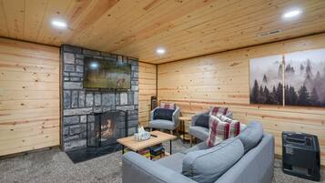 Smart TV, fireplace, video games, DVD player