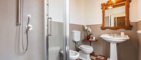 A bathroom with a shower, toilet, bidet, and sink.