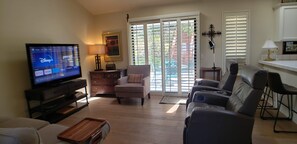 Smart TV, fireplace, video games, Hulu