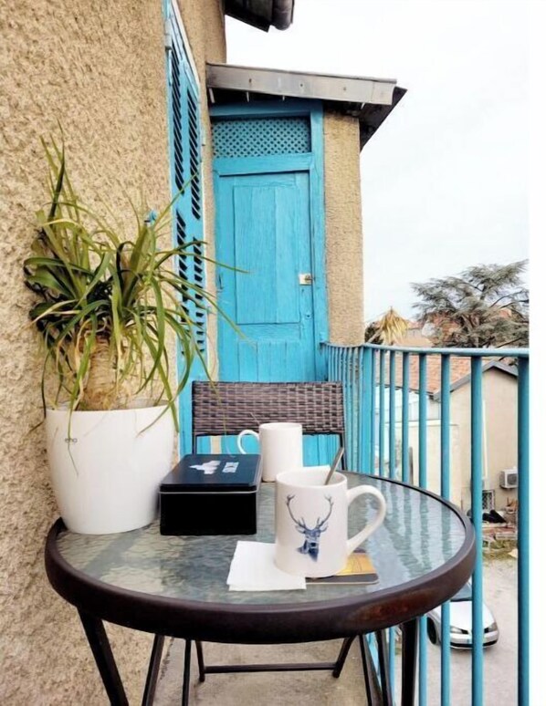 Enjoy a quiet moment on the balcony with a view, surrounded by a potted plant and a comfortable chair.