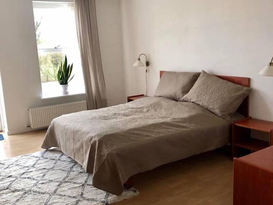 Un dormitorio con cama, mesita de noche, lámpara, ventana con cortinas y una planta en maceta.