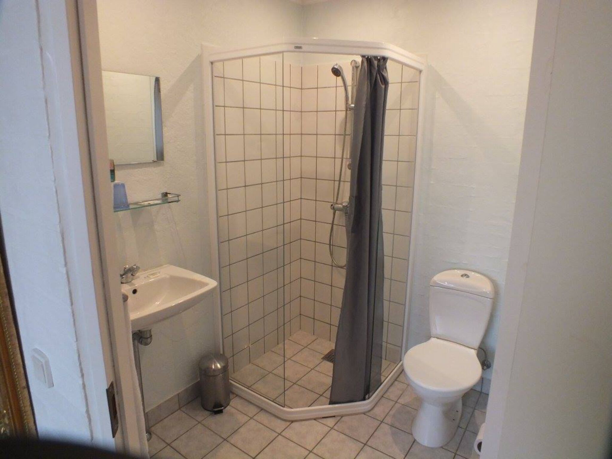 Et lille, lukket bruseområde med en glasdør, et hvidt toilet og en vask med et spejl over.