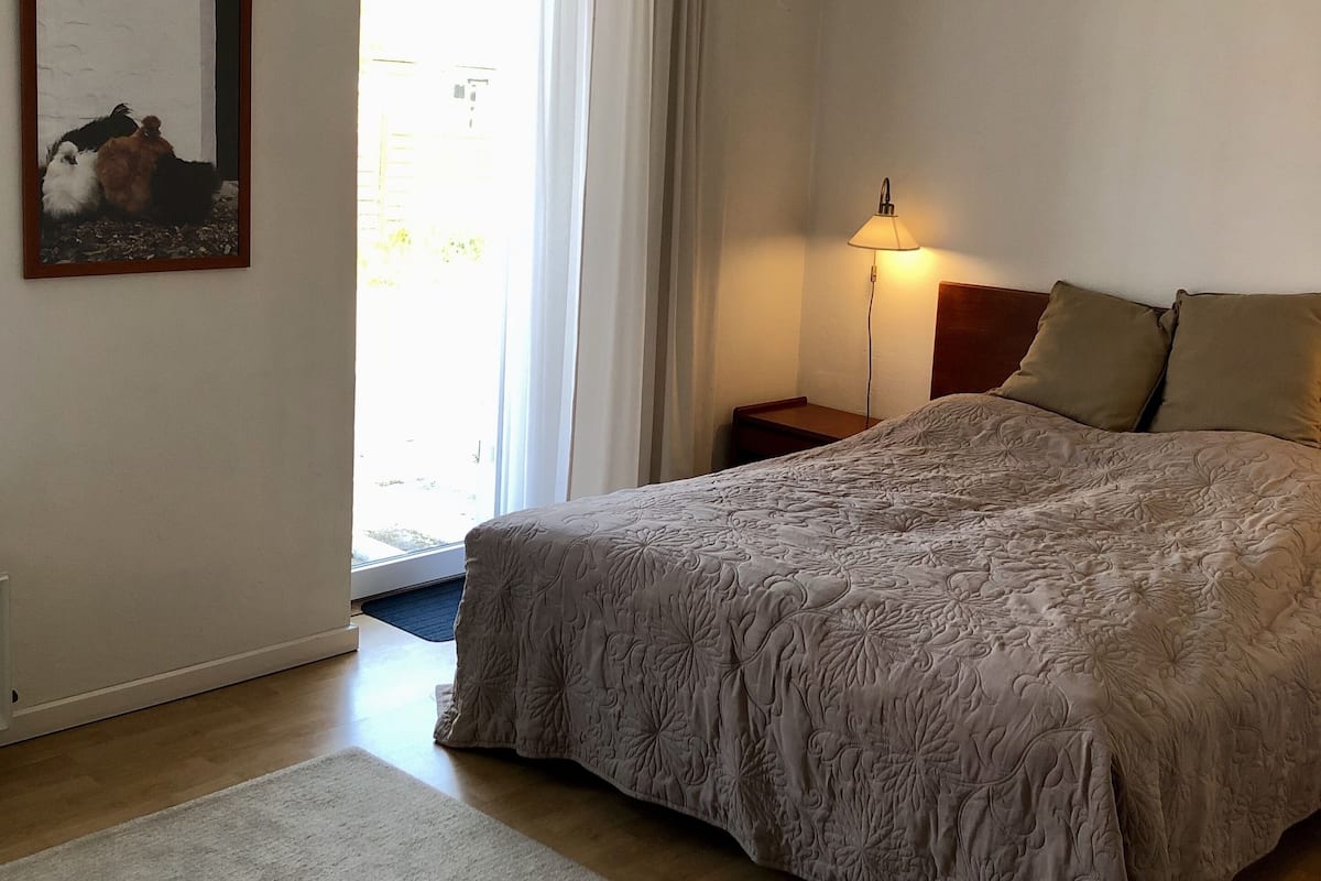 Ein Schlafzimmer mit einem großen Bett, einer Nachttischlampe, einem gerahmten Bild an der Wand und einem Fenster mit Vorhängen.
