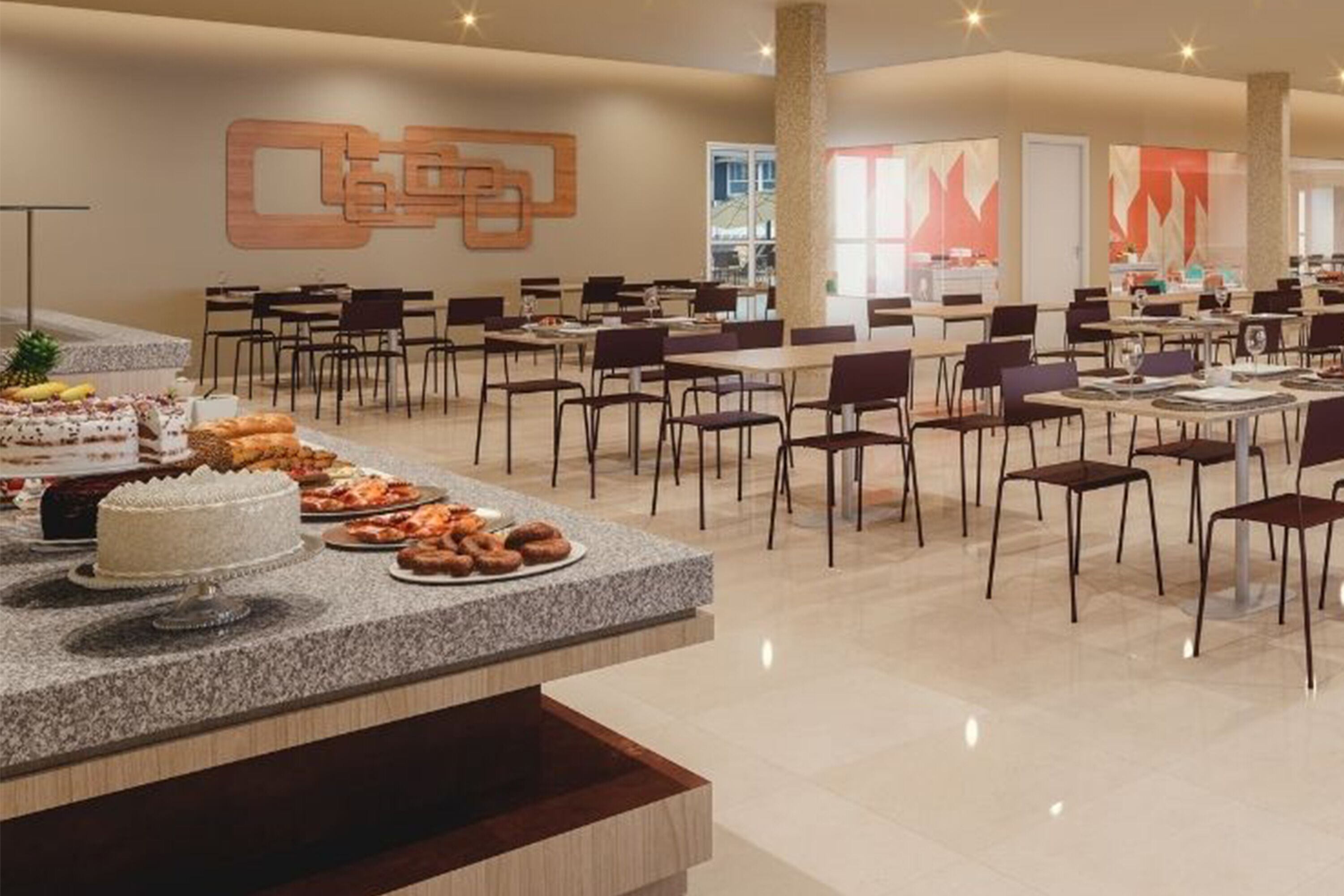 Un comedor amplio con múltiples mesas y sillas, una barra de buffet con diversas opciones de comida, y un diseño interior moderno con arte abstracto en las paredes.