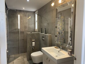 Hair dryer, towels, soap, shampoo
