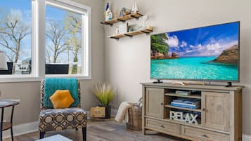 Smart TV, fireplace, books