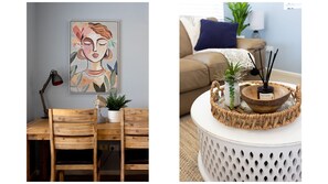 Relax in a serene space with a functional workspace and stylish touches.