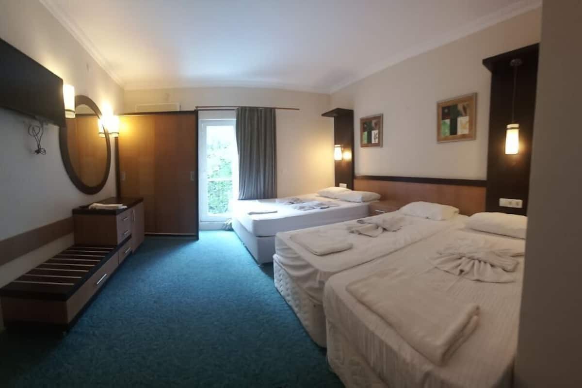 A hotel room with two beds, a TV, a desk, and a window with curtains.