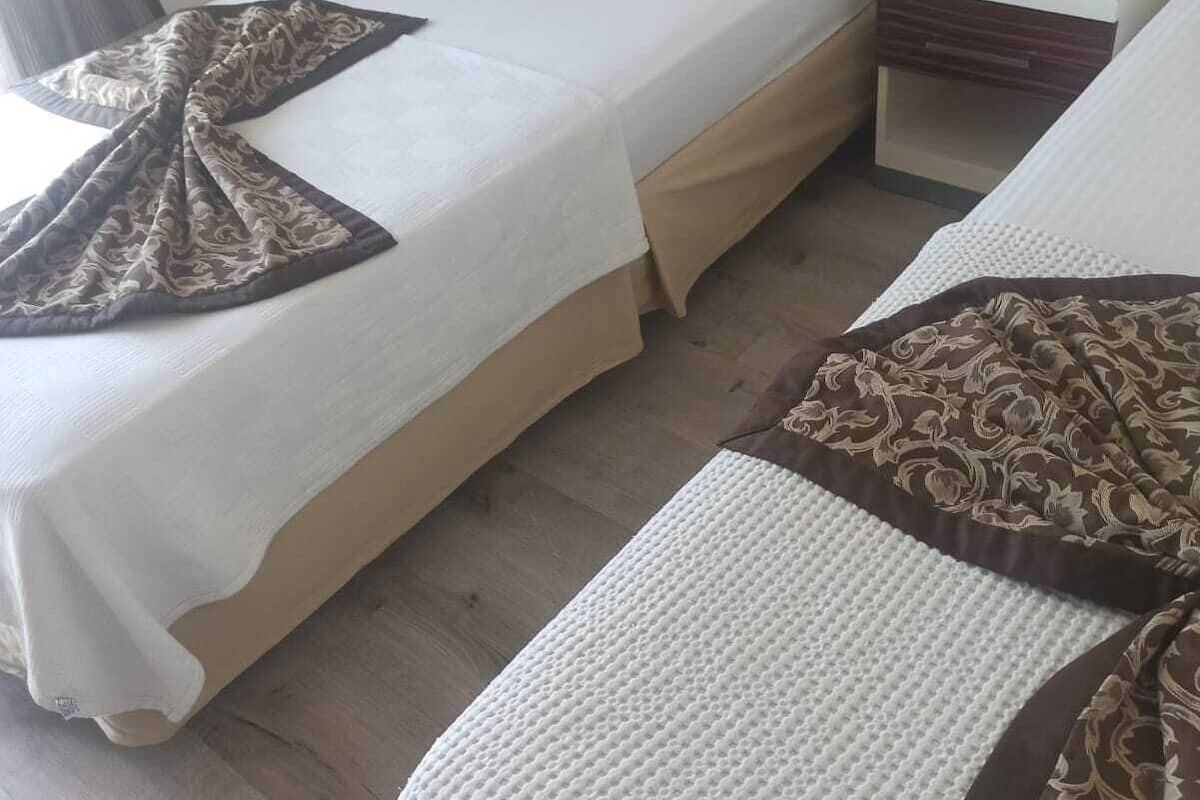 A hotel room with two single beds, a bedside table with a lamp, and a telephone.