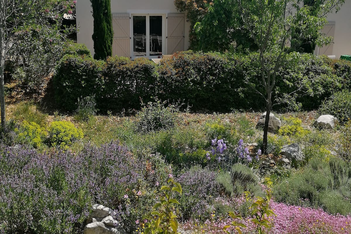 Una casa con techo de tejas, rodeada por un jardín con diversas plantas y flores.