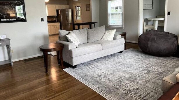 A living room with a grey sofa, a patterned rug, a dark bean bag, and a kitchen in the background. - Newly renovated- 2.5 mi to Downtown Riverfront (Owensboro)