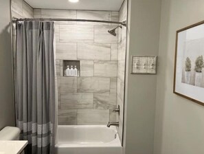 Hair dryer, towels, soap, shampoo