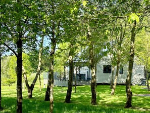 A white mobile home surrounded by trees in a grassy area. - 3 bedroom accommodation in Uplowman, near Tiverton (Uplowman, near Tiverton)