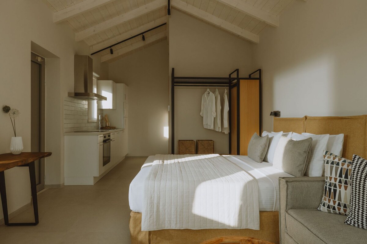 A bedroom with a bed, bedside tables, a wardrobe, and a kitchenette.