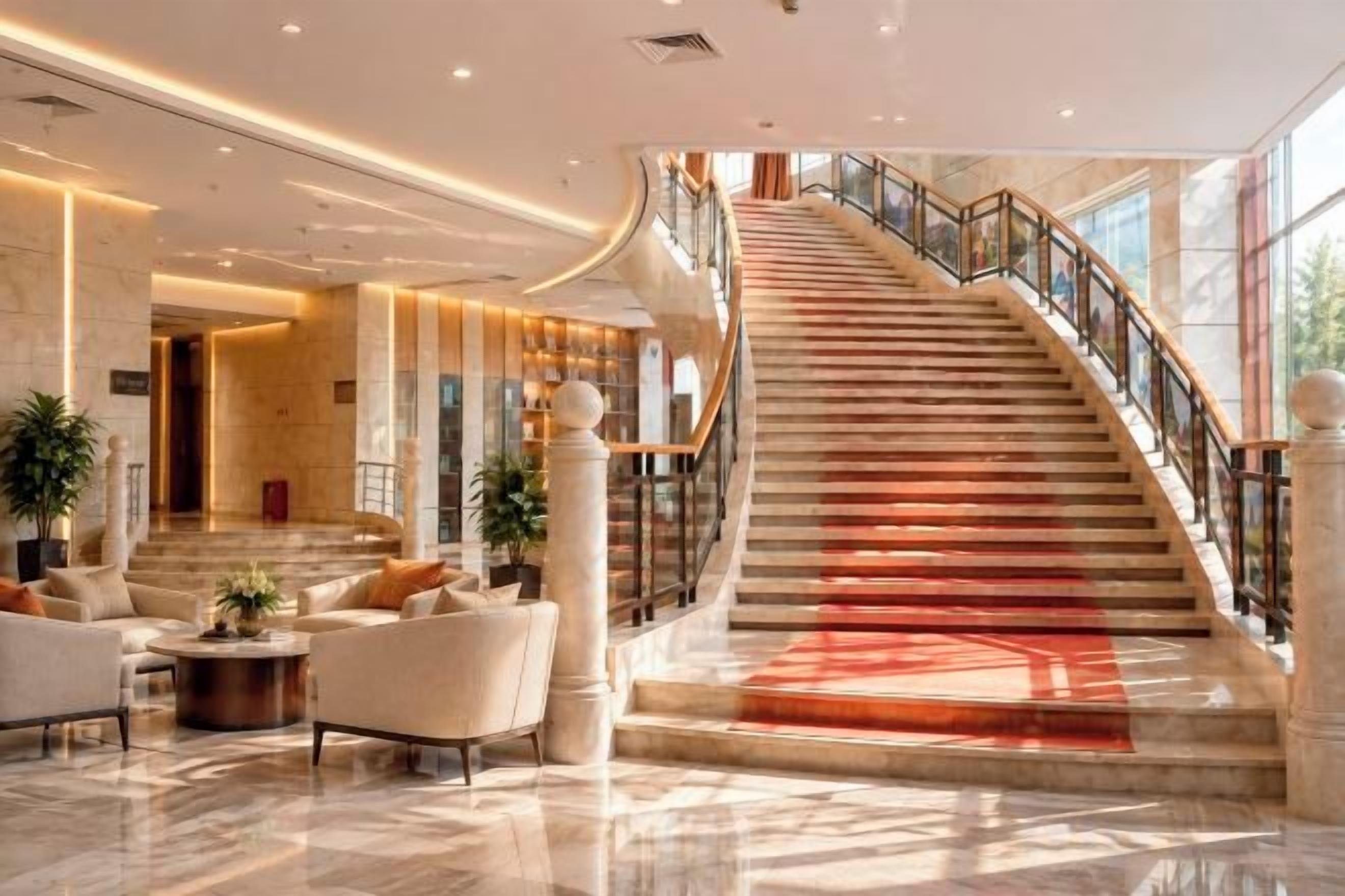 A grand lobby with a marble floor, a curved staircase, and a seating area with sofas and a coffee table.