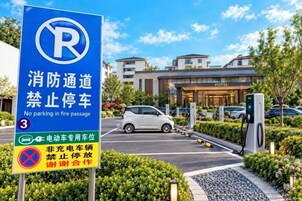 Entrada de un hotel con un cartel de estacionamiento, estación de carga para vehículos eléctricos y un edificio con la leyenda 'HOTEL' al fondo.