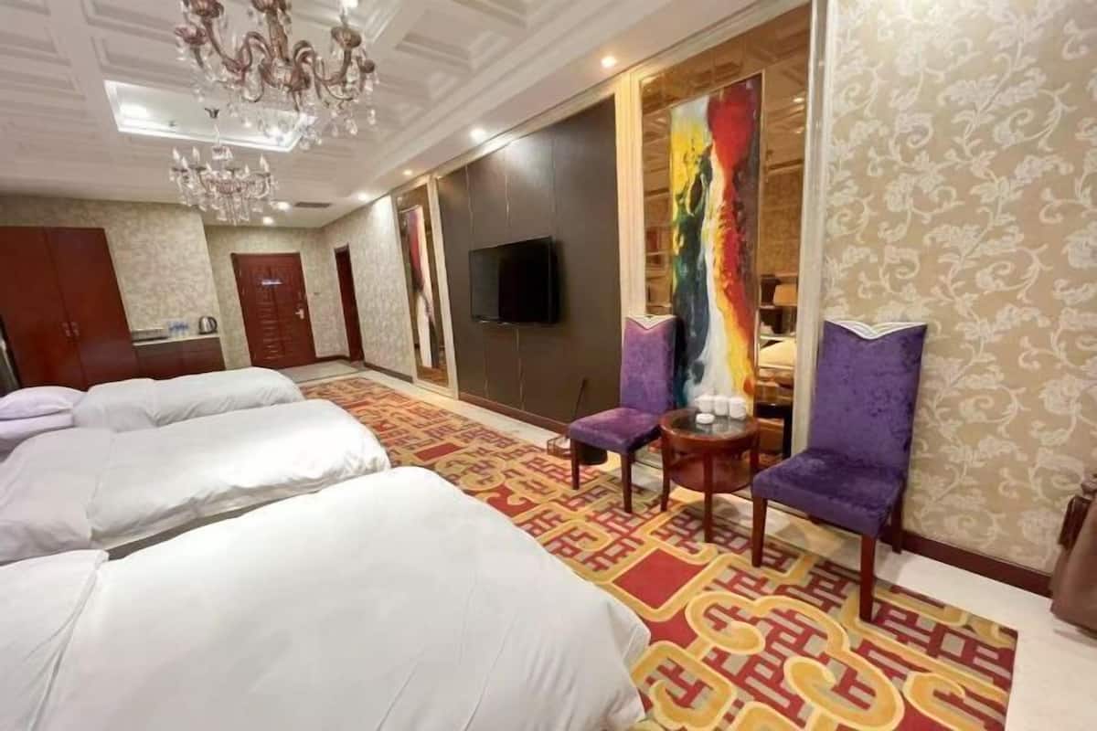 Una habitación de hotel con dos camas, televisión, un cuadro de colores y una alfombra estampada.