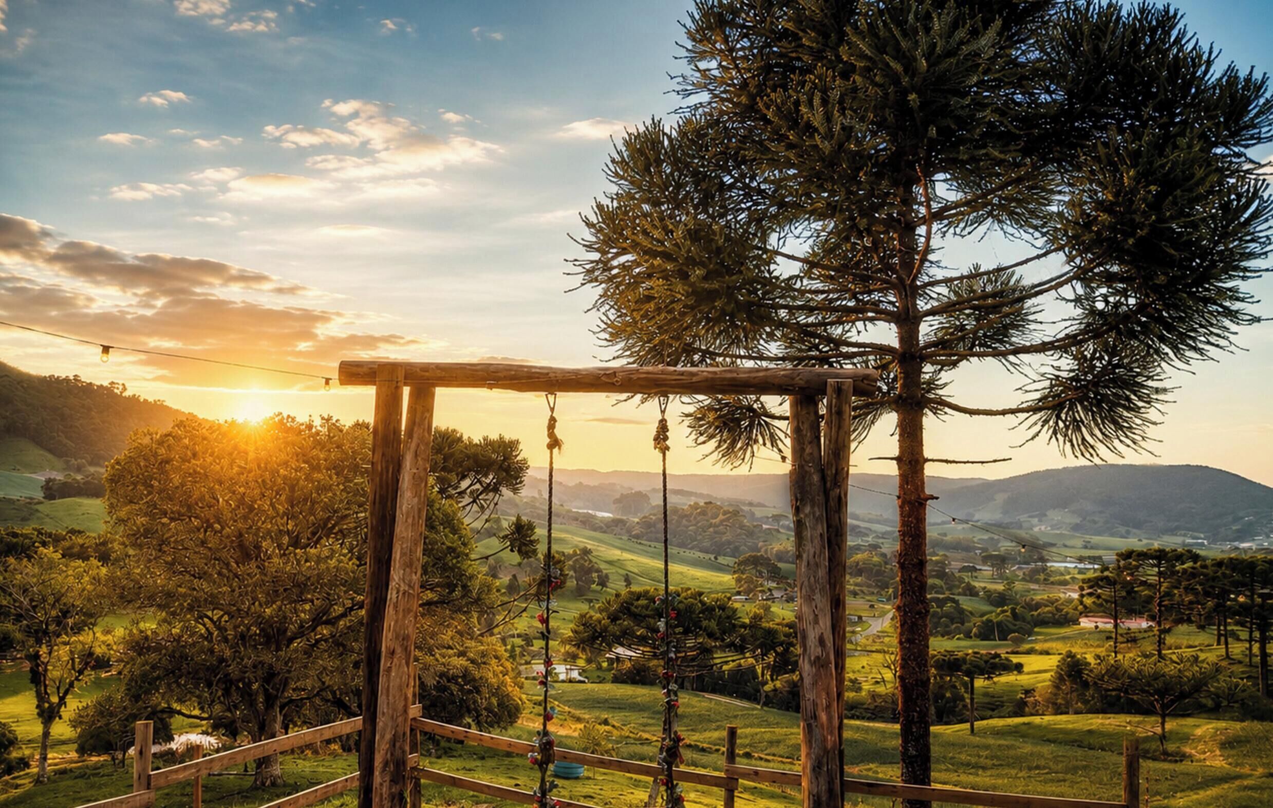 Un columpio de madera en un paisaje rural con vistas a colinas ondulantes y un atardecer.