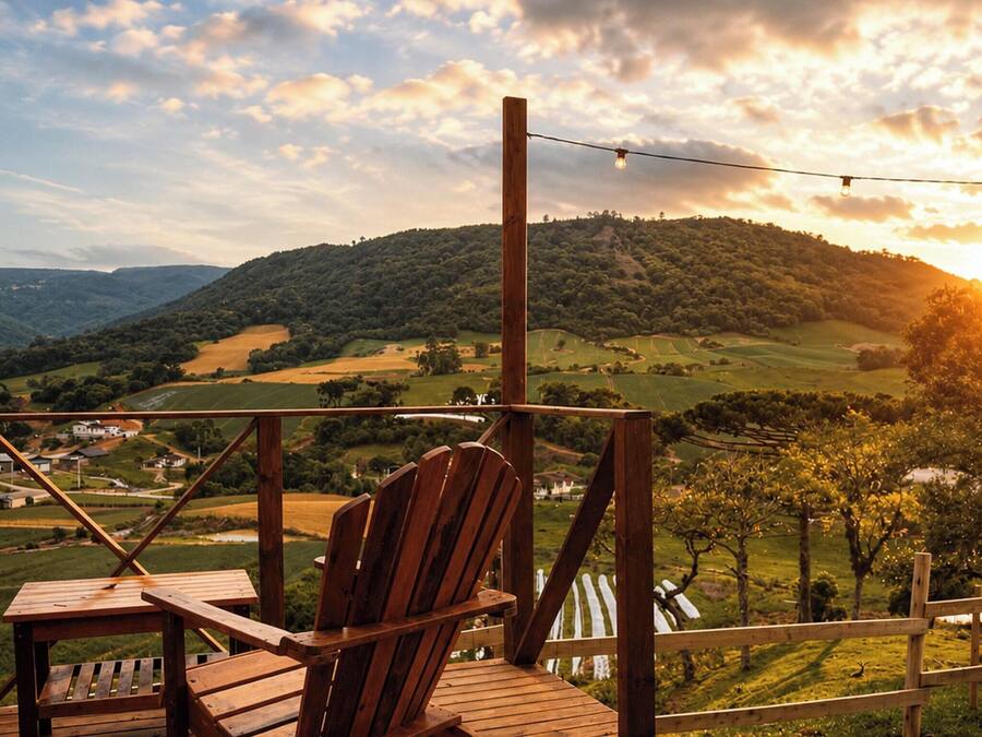 A wooden deck with a chair and table, overlooking a hilly landscape with a sunset.