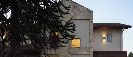 A modern two-story house with a stone facade, wooden accents, and a staircase leading to the entrance.