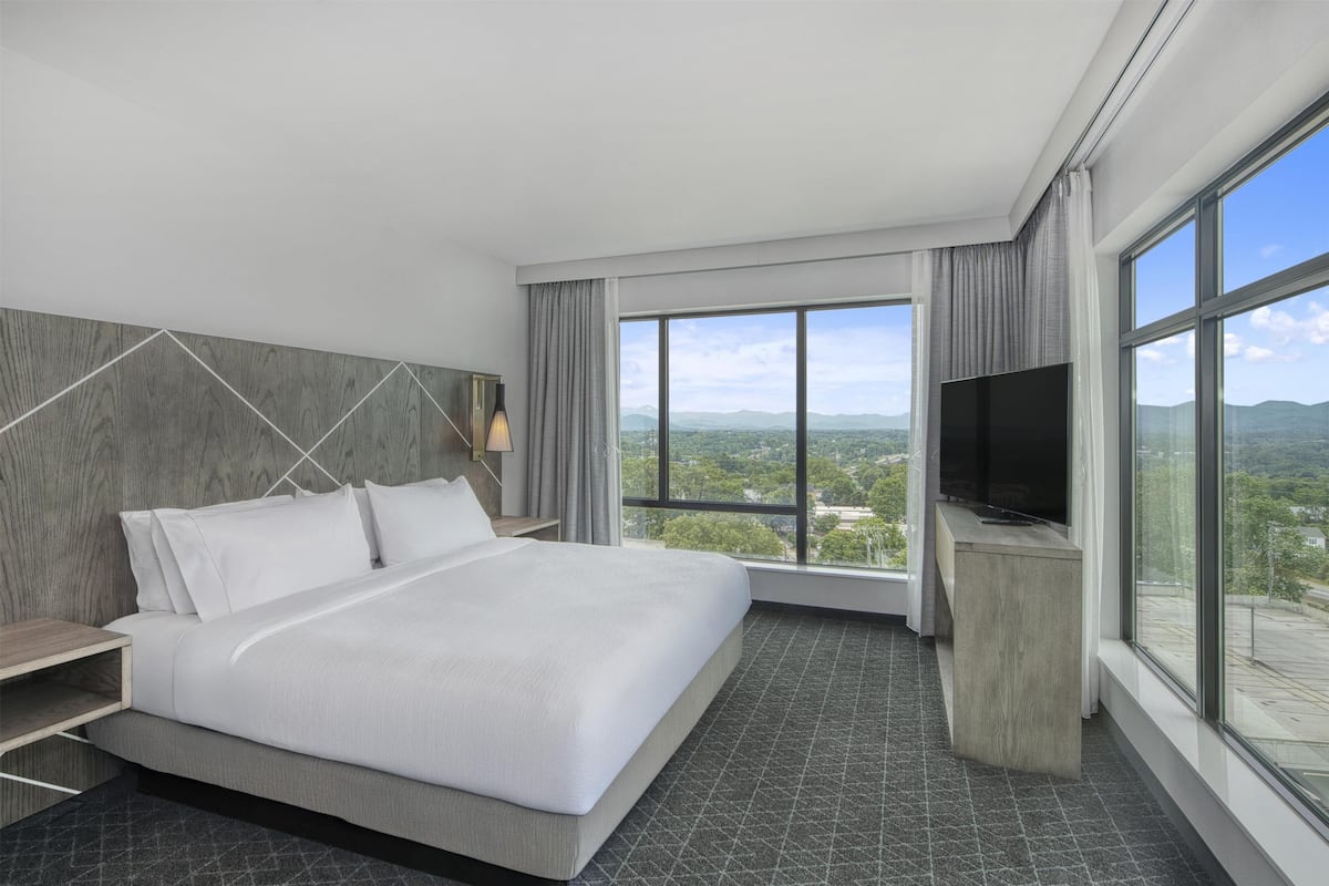 A modern hotel room with a large bed, a TV, and a view of the city.