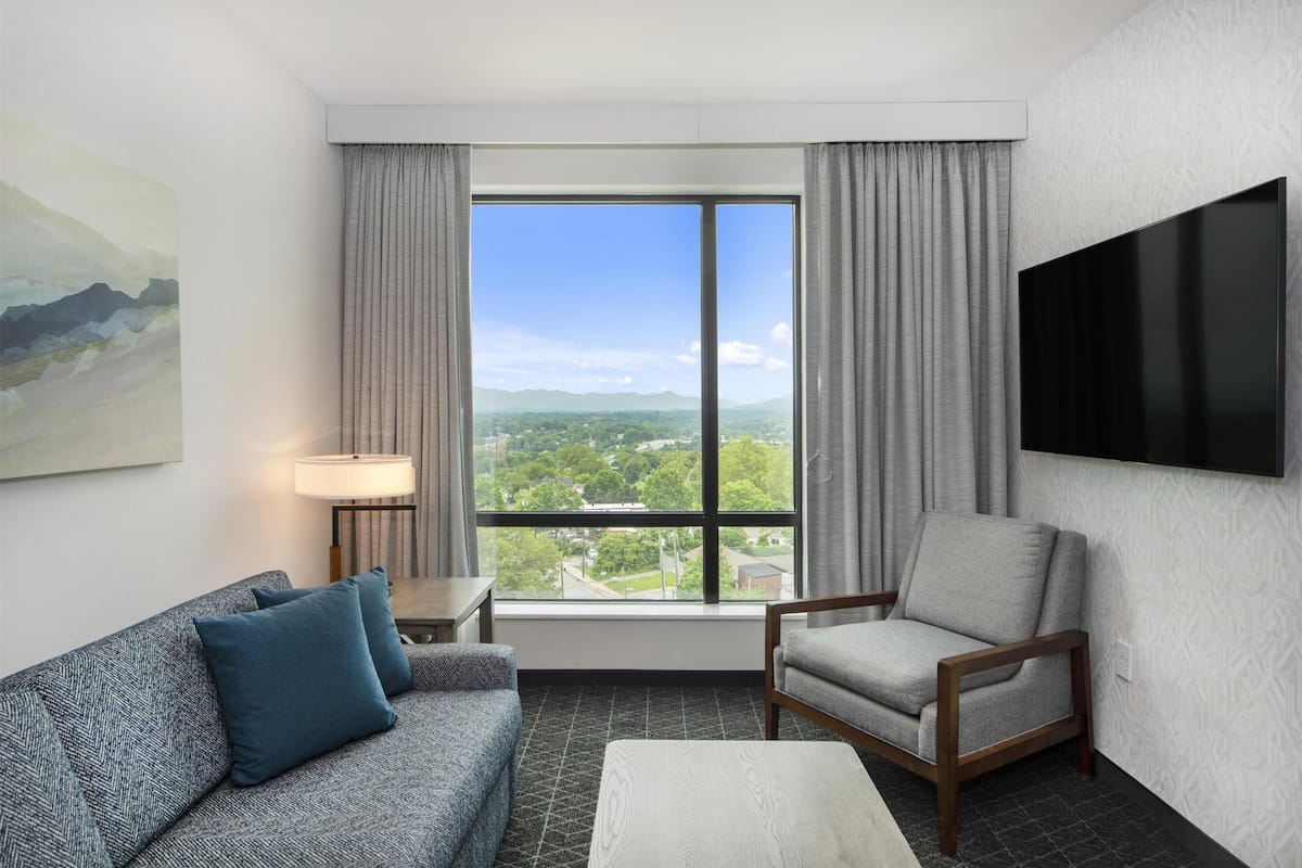 A hotel room with a large window, a sofa, a chair, a flat-screen TV, and a lamp.