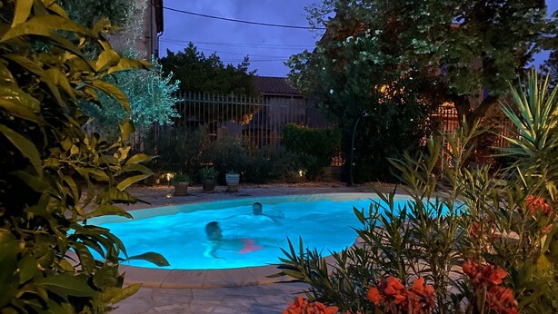 A swimming pool surrounded by potted plants and a stone patio. - Maison de Midi (Ginestas)