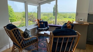 Ein gemütliches Zimmer mit Korbmöbeln und Blick auf Grünflächen.