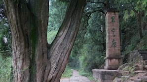 A stone pathway leading to a stone pillar with inscriptions, surrounded by trees. - Jianmen Star Hotel (Jiange)