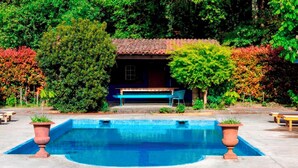 A swimming pool with a tiled edge, surrounded by greenery and a small building with a tiled roof.