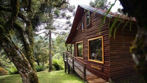A wooden cabin with a deck, surrounded by trees and greenery. - Cabanas Cambuim - Urubici - SC (Urubici)