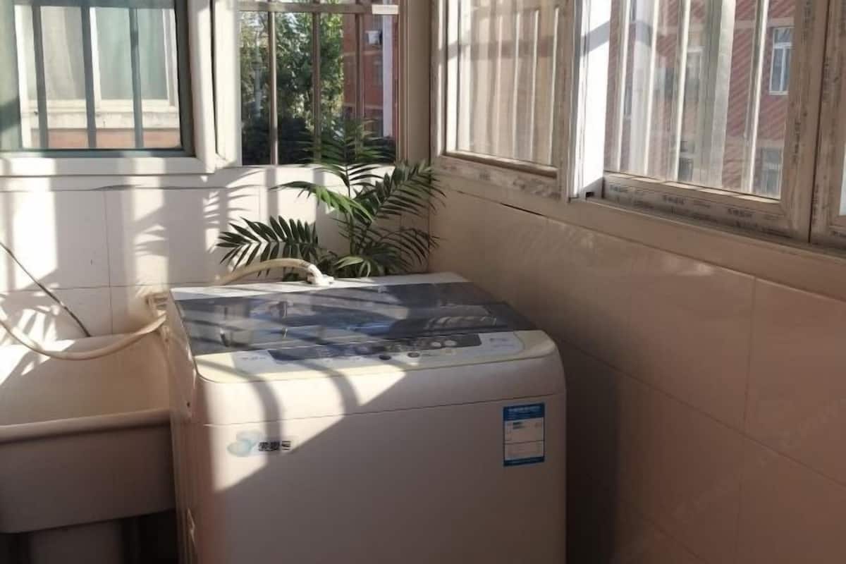Eine kompakte, weiße Waschmaschine steht in einer Ecke neben einem Fenster und einer Pflanze.