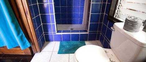 Un baño con inodoro blanco, paredes de azulejos azules, una zona de ducha y un tapete azul en el suelo.
