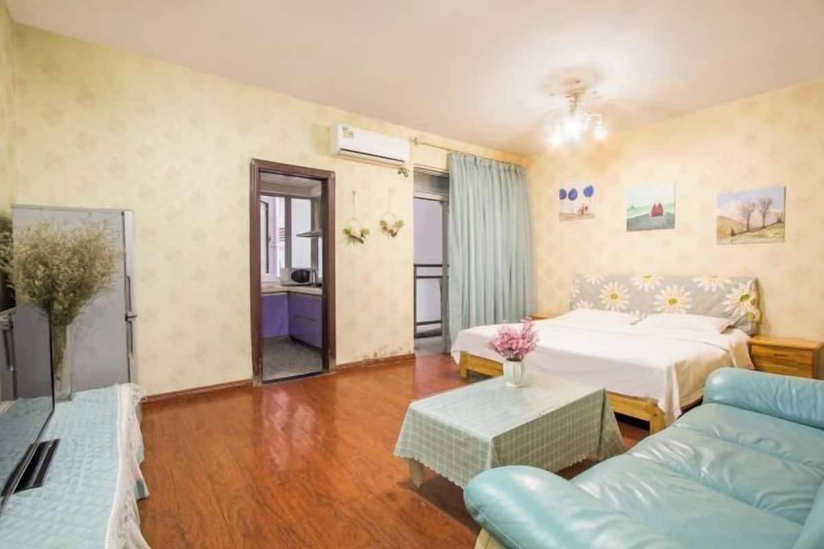 Ein Zimmer mit einem Bett, einem Schlafsofa, einem kleinen Tisch mit einer Vase, einem Fenster mit Vorhängen und einer Tür zu einem anderen Raum.