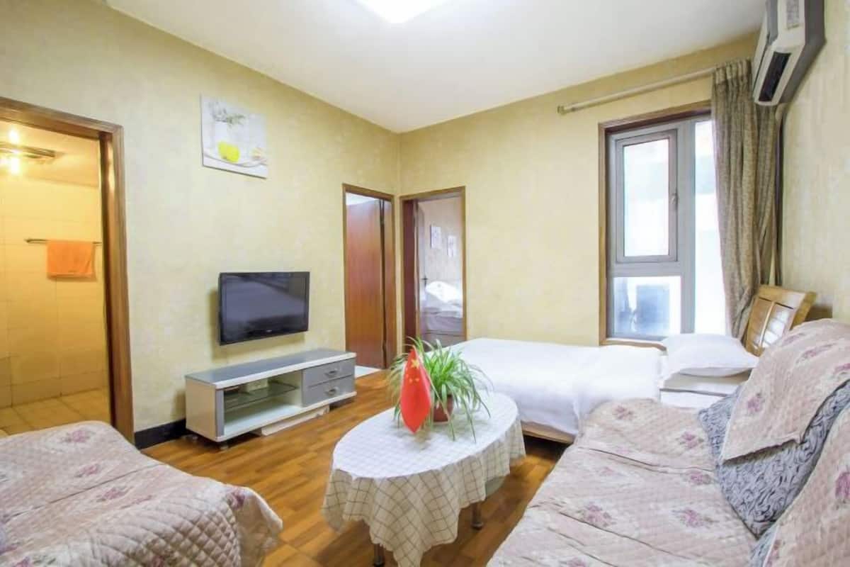 Ein Hotelzimmer mit Fernseher, einem Bett, einer Couch, einem kleinen Tisch mit Pflanze und einem Fenster mit Vorhängen.