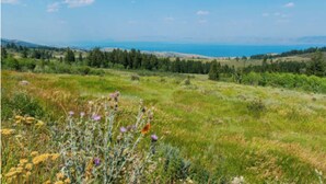 Vista panorámica de un paisaje costero con colinas onduladas, cielo despejado y una lejana vista del mar.