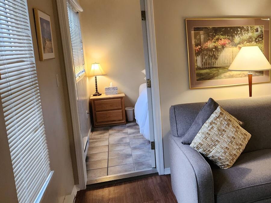 Ein Wohnzimmer mit grauem Sofa, gemusterten Kissen, einem gerahmten Bild an der Wand, einer Lampe und einer Küchenzeile mit Geräten.