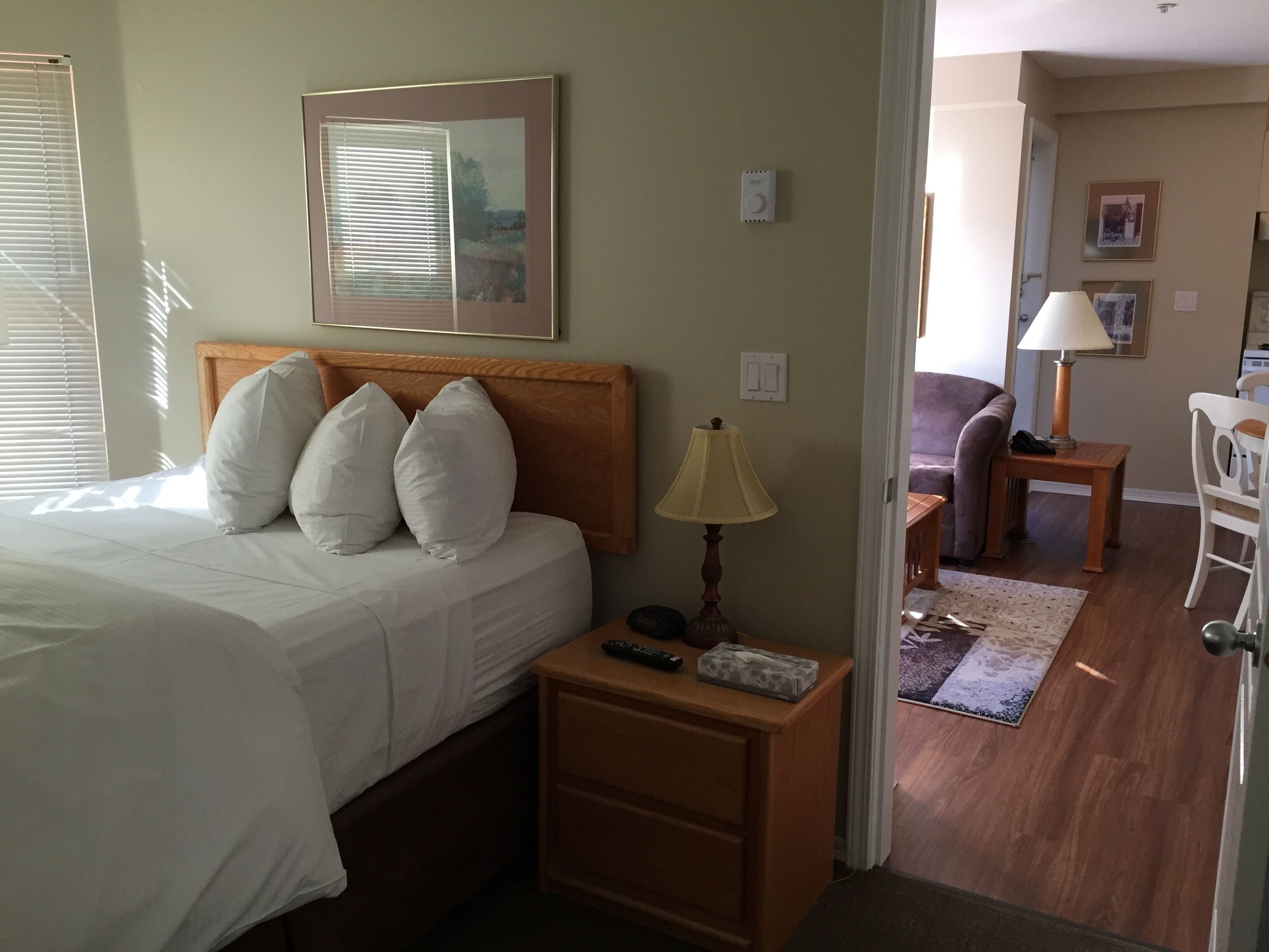 Una habitación de hotel con una cama, una mesita de noche con lámpara, un control remoto y un cuadro en la pared.