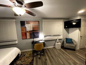 1 bedroom, desk, iron/ironing board, travel cot