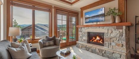 Smart TV, fireplace, books