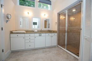 Shower, hair dryer, towels, soap