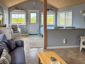 Living area - The Cabin - Cozy Salmon Creek beach cottage, big deck, great views. (Bodega Bay)