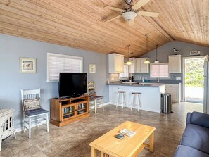 Living area - The Cabin - Cozy Salmon Creek beach cottage, big deck, great views. (Bodega Bay)
