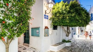 Un carrer empedrat estret amb edificis blancs, un arbre amb flors vermelles i un rètol a la paret.