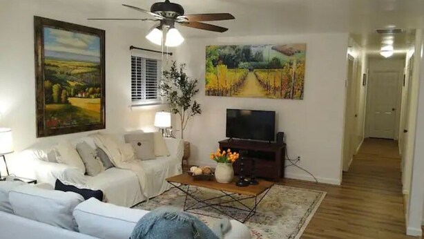 A living room with a sofa, coffee table, TV, and artwork. - House with a King Size Bed, in Desirable Rincon Valley, close to St Helena (Santa Rosa)