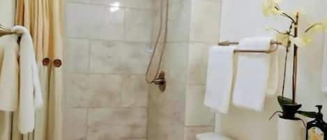 Shower, hair dryer, towels, soap
