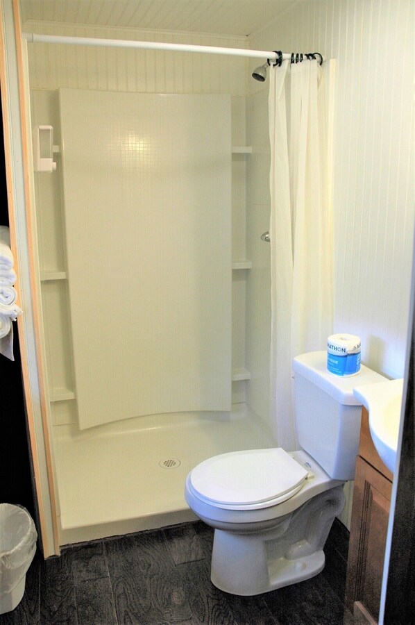 Un baño con inodoro, cabina de ducha y dispensador de papel higiénico.