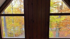 Uma cabana com interior de madeira, duas grandes janelas com vista para árvores de outono e uma bandeira americana na parede.